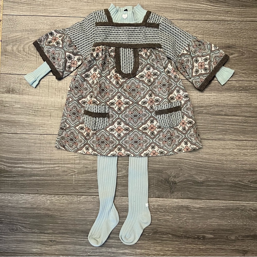 Lili Gaufrette Baby Girl Dress 24M Boho 3pc Cotton Mock Neck Top Tights Corduroy